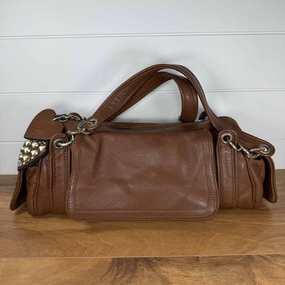 Y2K Juicy Couture Brown Leather Barrel Shoulder Purse Studded Heart Charms Bag
